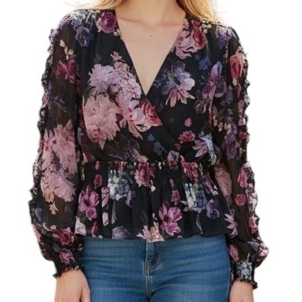 EXPRESS Black Floral Print Ruffle Sleeve Peplum Faux Wrap Blouse NWT $60 Small‎